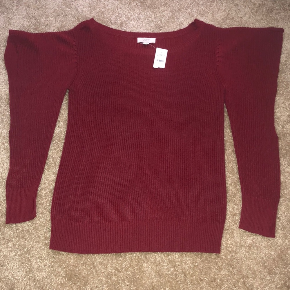 Loft Red Sweater with Ruffle Shoulder& Open Sleeve